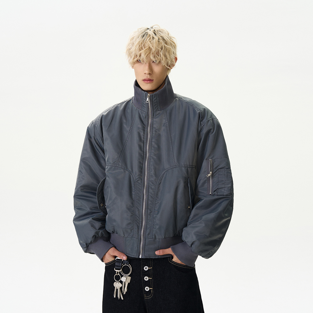 High Street Deconstructed Pilot Jacket for Women - Cotton Stand Collar Padded Outerwear in Cleanfit Silhouette High Street Deconstructed Pilot Jacket for Women - Cotton Stand Collar Padded Outerwear in Cleanfit Silhouette