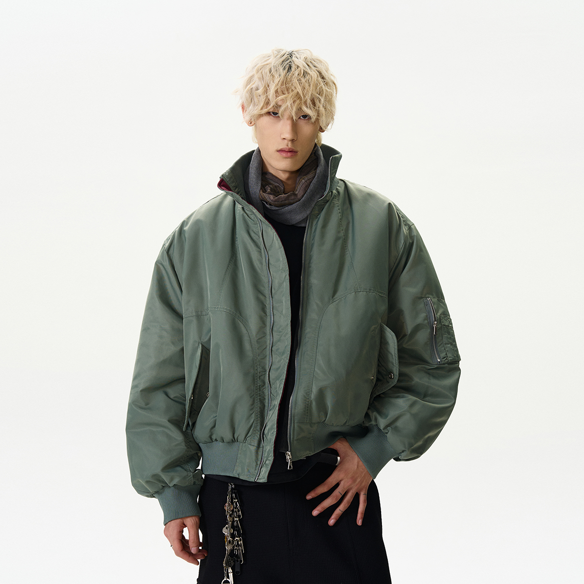 High Street Deconstructed Pilot Jacket for Women - Cotton Stand Collar Padded Outerwear in Cleanfit Silhouette