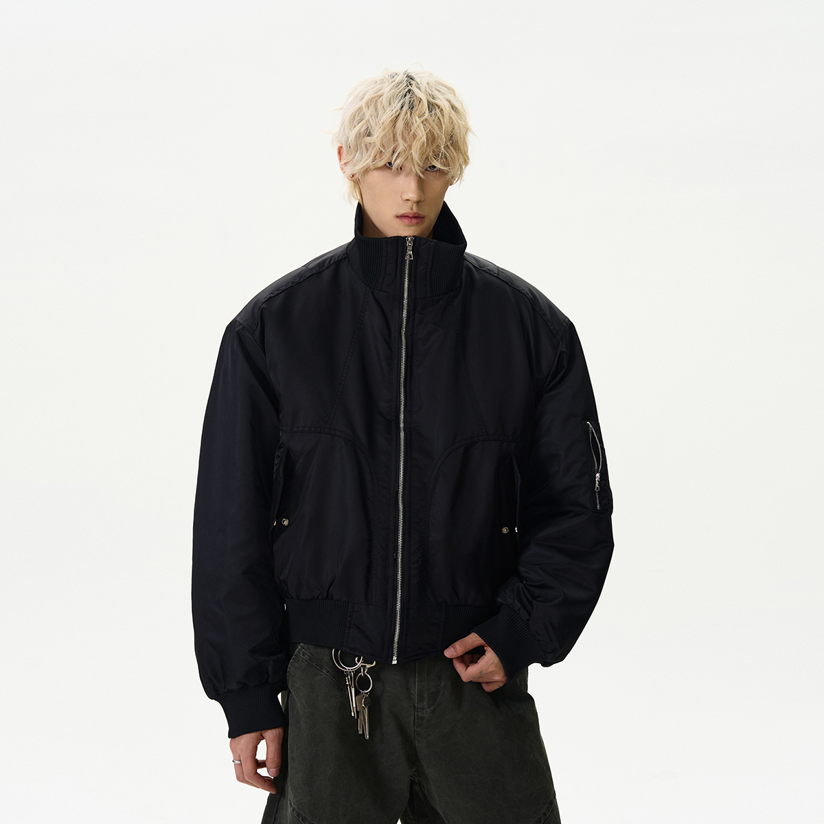 High Street Deconstructed Pilot Jacket for Women - Cotton Stand Collar Padded Outerwear in Cleanfit Silhouette High Street Deconstructed Pilot Jacket for Women - Cotton Stand Collar Padded Outerwear in Cleanfit Silhouette