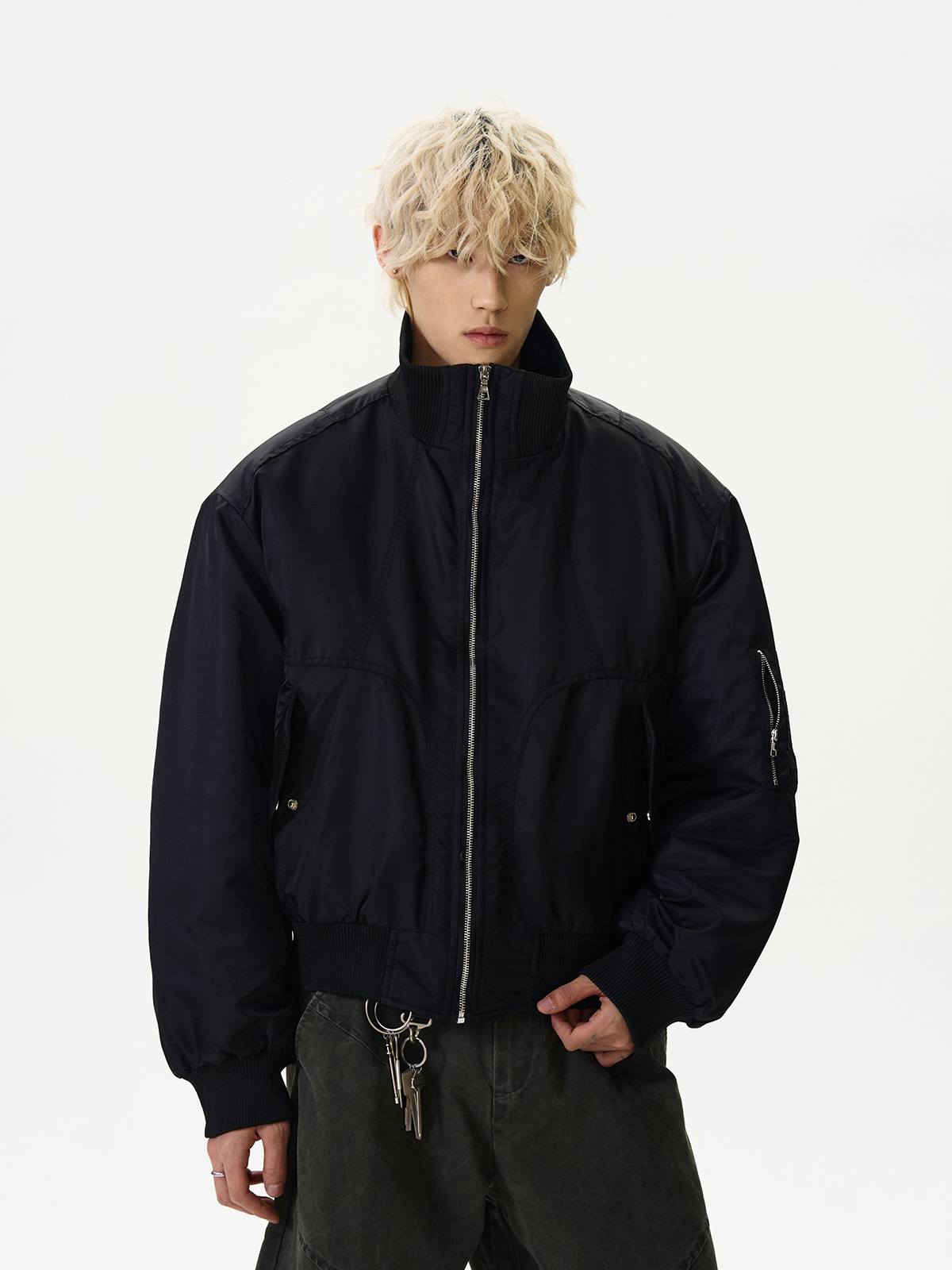 High Street Deconstructed Pilot Jacket for Women - Cotton Stand Collar Padded Outerwear in Cleanfit Silhouette High Street Deconstructed Pilot Jacket for Women - Cotton Stand Collar Padded Outerwear in Cleanfit Silhouette