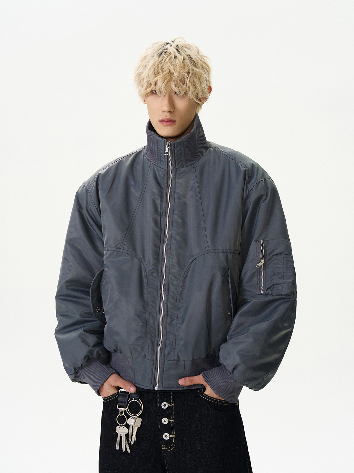 High Street Deconstructed Pilot Jacket for Women - Cotton Stand Collar Padded Outerwear in Cleanfit Silhouette High Street Deconstructed Pilot Jacket for Women - Cotton Stand Collar Padded Outerwear in Cleanfit Silhouette