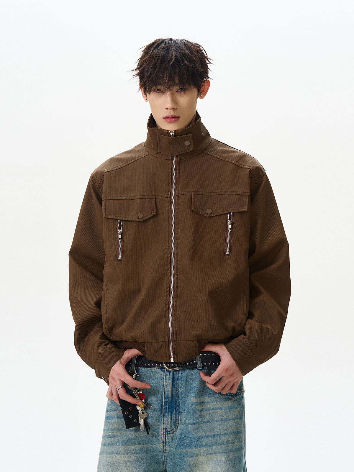 High Street Multi-Pocket Boxy Short Flight Jacket with Stand Collar - Trendy American Style Workwear High Street Multi-Pocket Boxy Short Flight Jacket with Stand Collar - Trendy American Style Workwear