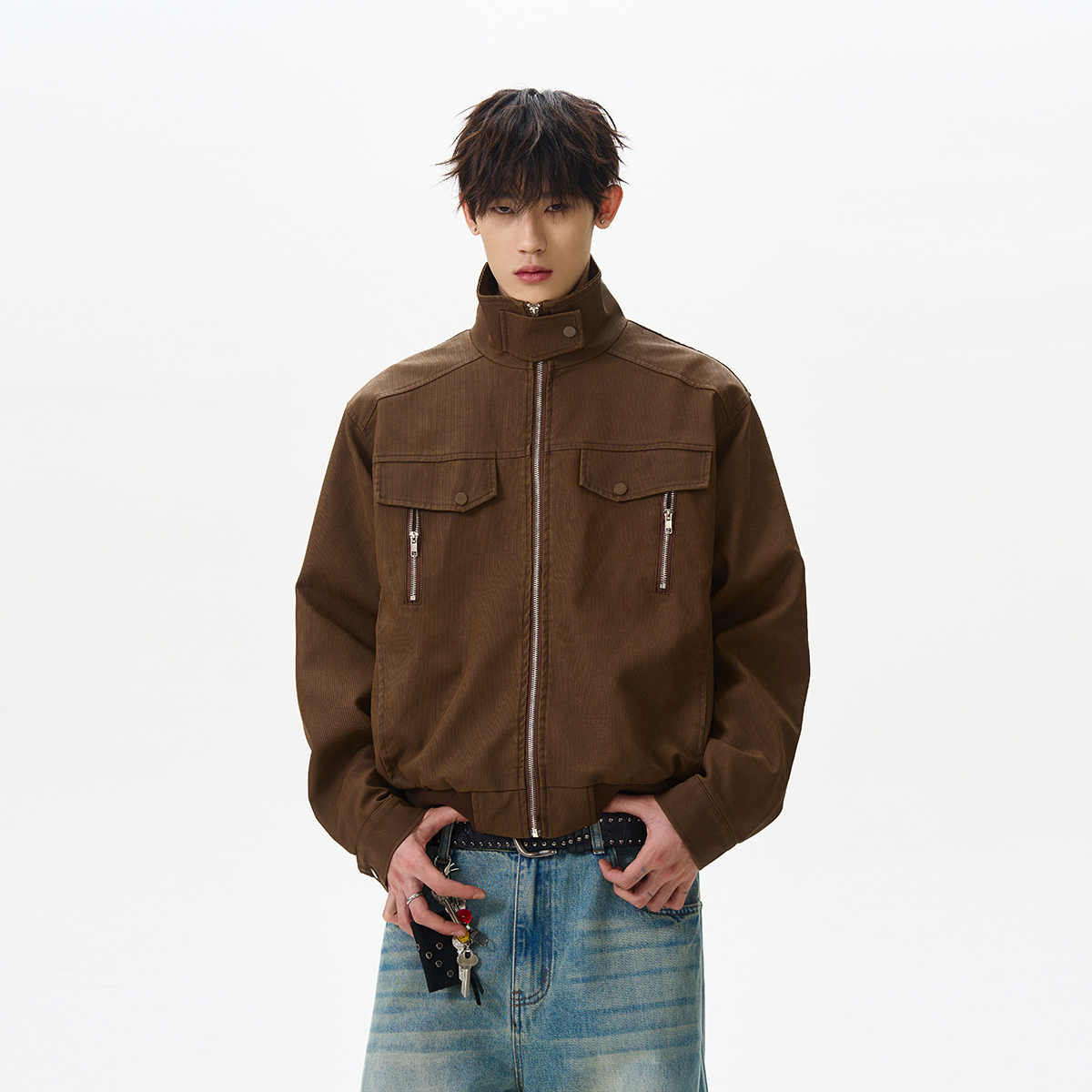 High Street Multi-Pocket Boxy Short Flight Jacket with Stand Collar - Trendy American Style Workwear High Street Multi-Pocket Boxy Short Flight Jacket with Stand Collar - Trendy American Style Workwear