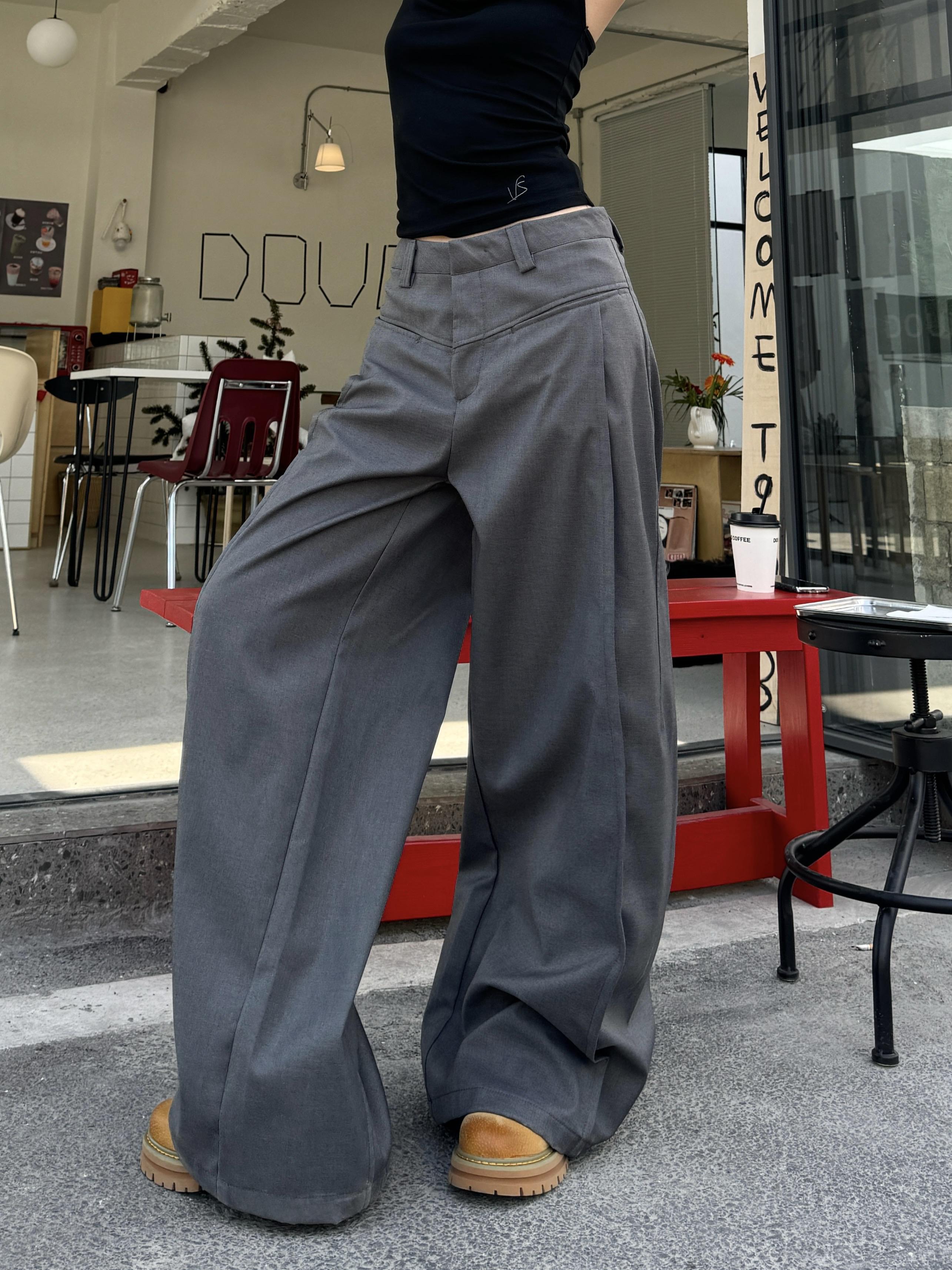 High Street Patchwork Pleated Wide-Leg Floor-Length Pants in Gray - Vintage Hot Girl Style, Trendy 90s Fashion High Street Patchwork Pleated Wide-Leg Floor-Length Pants in Gray - Vintage Hot Girl Style, Trendy 90s Fashion