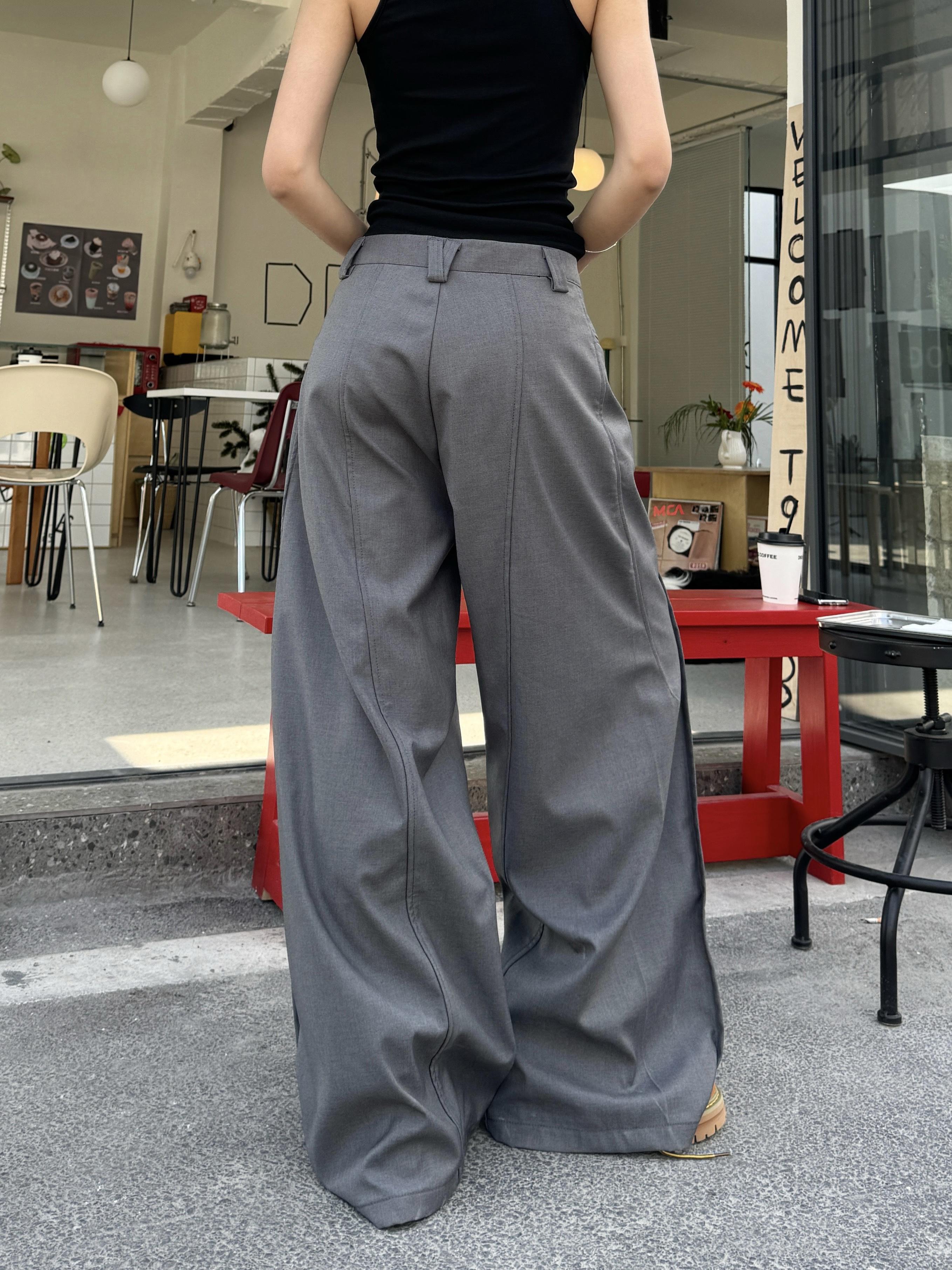 High Street Patchwork Pleated Wide-Leg Floor-Length Pants in Gray - Vintage Hot Girl Style, Trendy 90s Fashion High Street Patchwork Pleated Wide-Leg Floor-Length Pants in Gray - Vintage Hot Girl Style, Trendy 90s Fashion