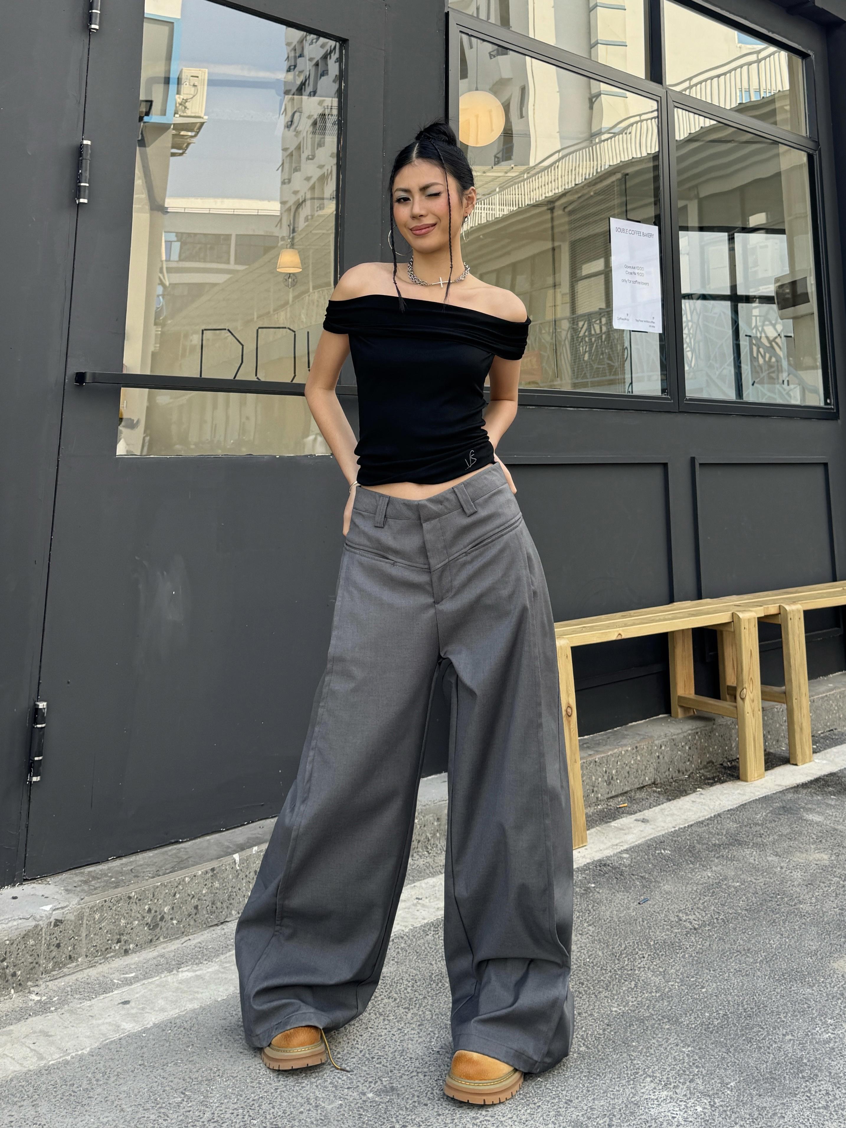High Street Patchwork Pleated Wide-Leg Floor-Length Pants in Gray - Vintage Hot Girl Style, Trendy 90s Fashion High Street Patchwork Pleated Wide-Leg Floor-Length Pants in Gray - Vintage Hot Girl Style, Trendy 90s Fashion