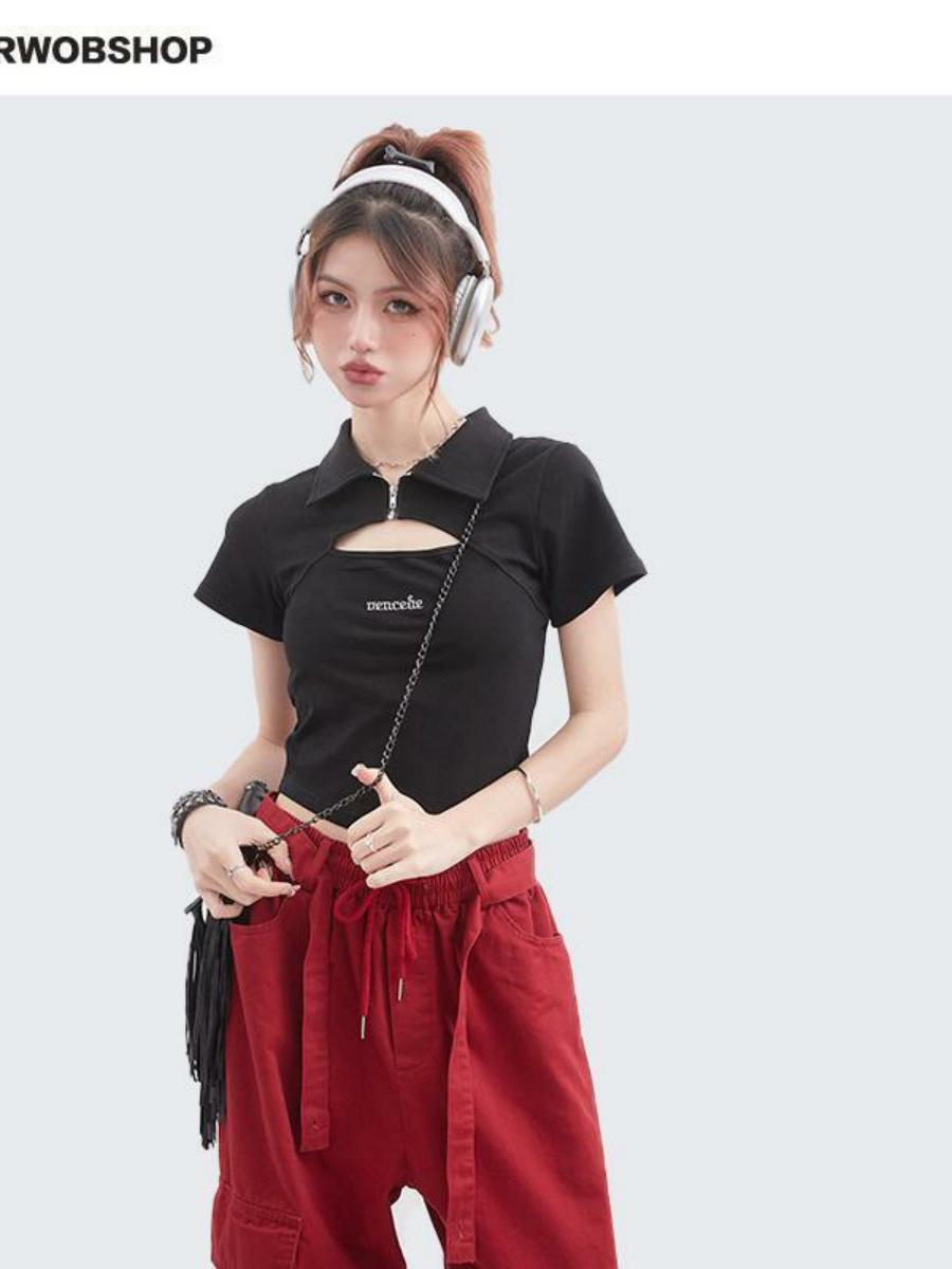 High Street Trendy Polo Collar Hollow Out Short Sleeve Crop Top - Unique Summer T-Shirt for Chic Y2K Style Fashion High Street Trendy Polo Collar Hollow Out Short Sleeve Crop Top - Unique Summer T-Shirt for Chic Y2K Style Fashion