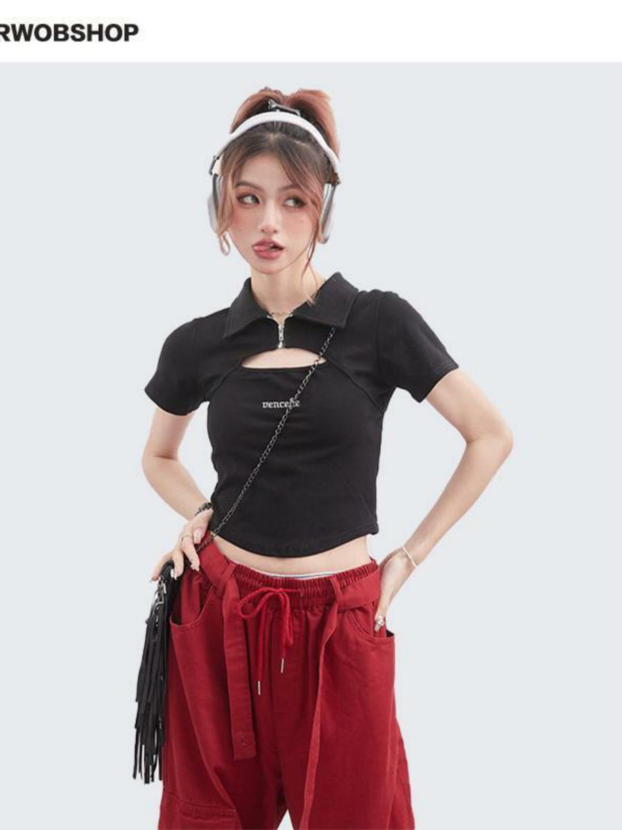 High Street Trendy Polo Collar Hollow Out Short Sleeve Crop Top - Unique Summer T-Shirt for Chic Y2K Style Fashion High Street Trendy Polo Collar Hollow Out Short Sleeve Crop Top - Unique Summer T-Shirt for Chic Y2K Style Fashion