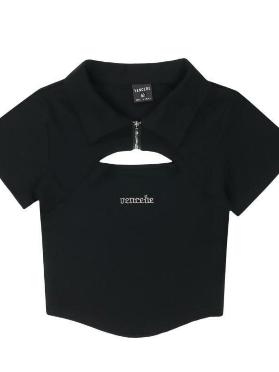 High Street Trendy Polo Collar Hollow Out Short Sleeve Crop Top - Unique Summer T-Shirt for Chic Y2K Style Fashion High Street Trendy Polo Collar Hollow Out Short Sleeve Crop Top - Unique Summer T-Shirt for Chic Y2K Style Fashion