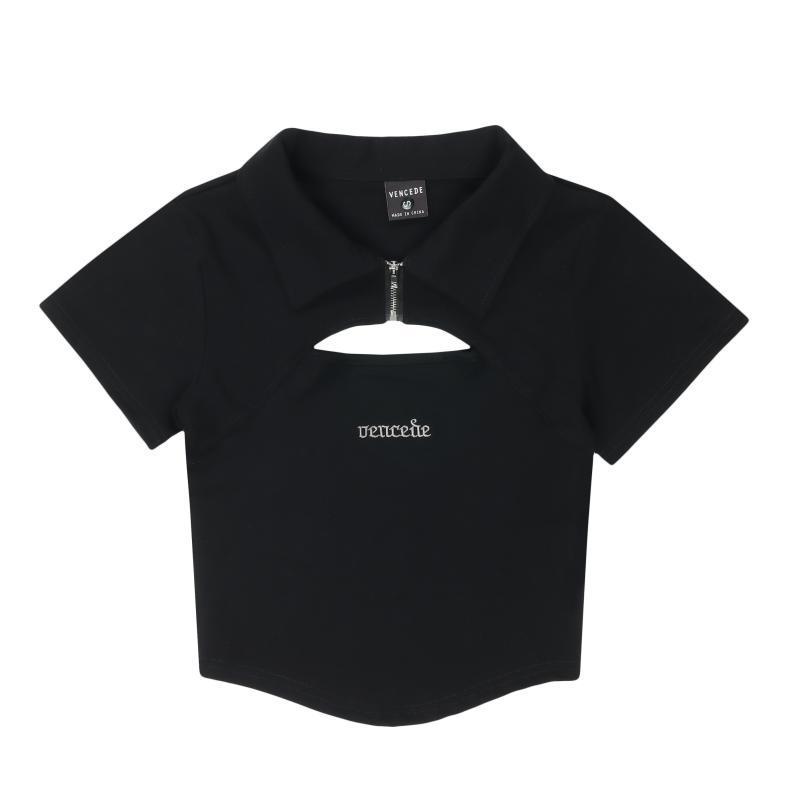 High Street Trendy Polo Collar Hollow Out Short Sleeve Crop Top - Unique Summer T-Shirt for Chic Y2K Style Fashion