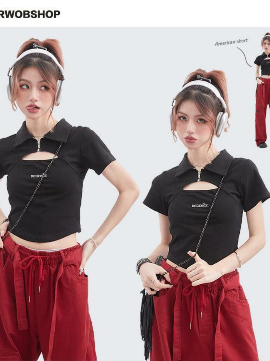 High Street Trendy Polo Collar Hollow Out Short Sleeve Crop Top - Unique Summer T-Shirt for Chic Y2K Style Fashion High Street Trendy Polo Collar Hollow Out Short Sleeve Crop Top - Unique Summer T-Shirt for Chic Y2K Style Fashion