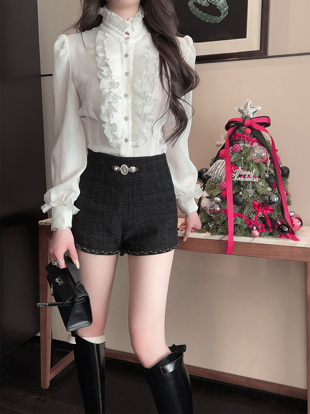 High Waist Black A-Line Woolen Shorts for Women - 30% Wool, Petite Fit, Winter Fashion Boot Pants