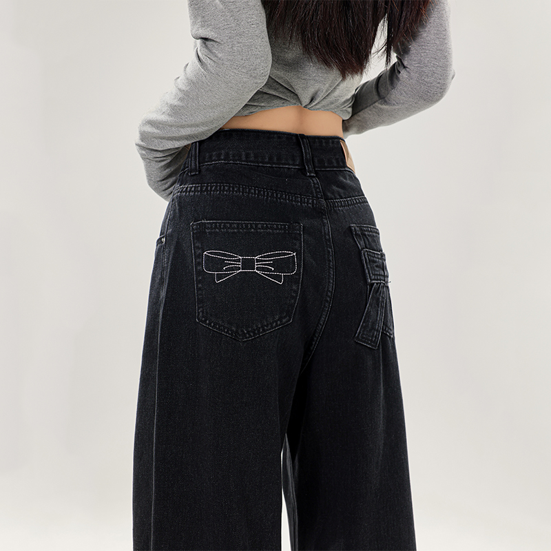 High Waist Black Wide-Leg Jeans for Women with Bow Detail - Slimming Non-Tight Straight Long Pants, Perfect for Autumn Style