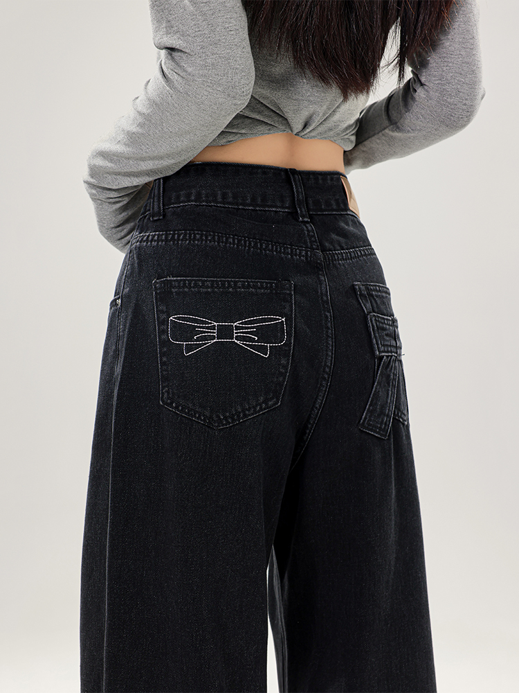High Waist Black Wide-Leg Jeans for Women with Bow Detail - Slimming Non-Tight Straight Long Pants, Perfect for Autumn Style High Waist Black Wide-Leg Jeans for Women with Bow Detail - Slimming Non-Tight Straight Long Pants, Perfect for Autumn Style