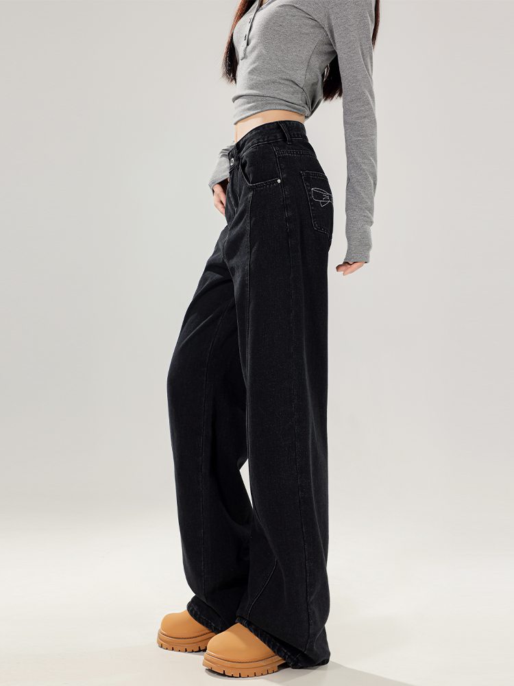 High Waist Black Wide-Leg Jeans for Women with Bow Detail - Slimming Non-Tight Straight Long Pants, Perfect for Autumn Style High Waist Black Wide-Leg Jeans for Women with Bow Detail - Slimming Non-Tight Straight Long Pants, Perfect for Autumn Style
