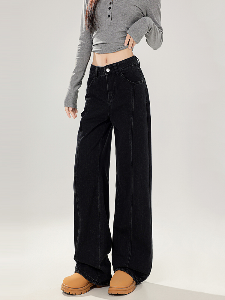 High Waist Black Wide-Leg Jeans for Women with Bow Detail - Slimming Non-Tight Straight Long Pants, Perfect for Autumn Style High Waist Black Wide-Leg Jeans for Women with Bow Detail - Slimming Non-Tight Straight Long Pants, Perfect for Autumn Style