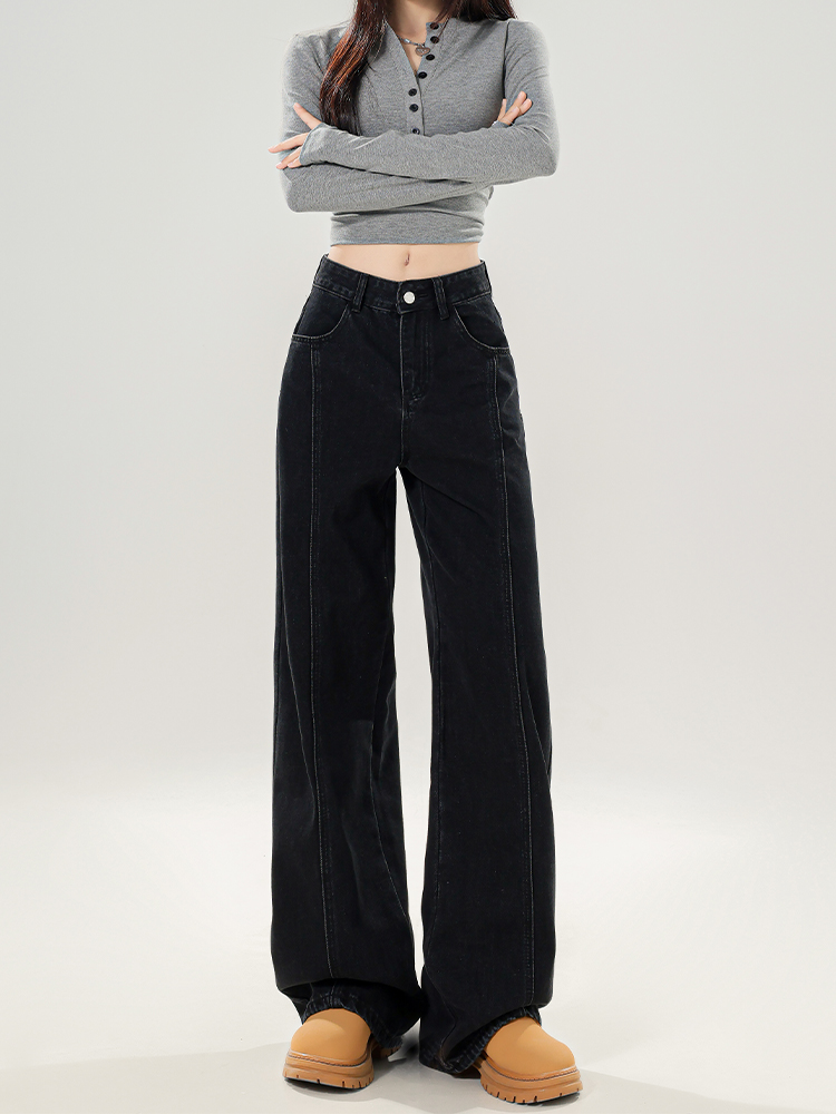 High Waist Black Wide-Leg Jeans for Women with Bow Detail - Slimming Non-Tight Straight Long Pants, Perfect for Autumn Style High Waist Black Wide-Leg Jeans for Women with Bow Detail - Slimming Non-Tight Straight Long Pants, Perfect for Autumn Style