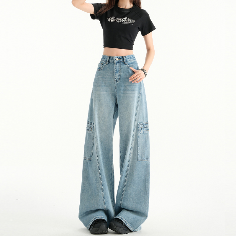 High-Waist Retro Wide-Leg Jeans for Women, 2025 Spring Casual Workwear with Multiple Pockets, Loose Slimming Straight-Leg Design
