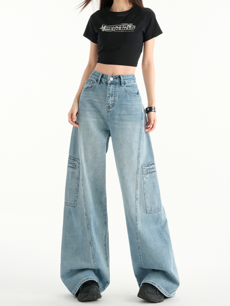 High-Waist Retro Wide-Leg Jeans for Women, 2025 Spring Casual Workwear with Multiple Pockets, Loose Slimming Straight-Leg Design