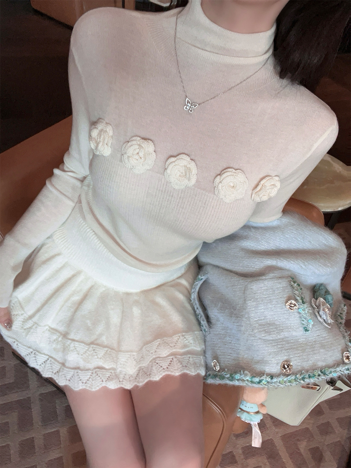 High Waist Slim Fit White Knitted Lace Trim Cake Skirt - Spring Fashion, Mohair Texture, Cute and Stylish Women's Skirt