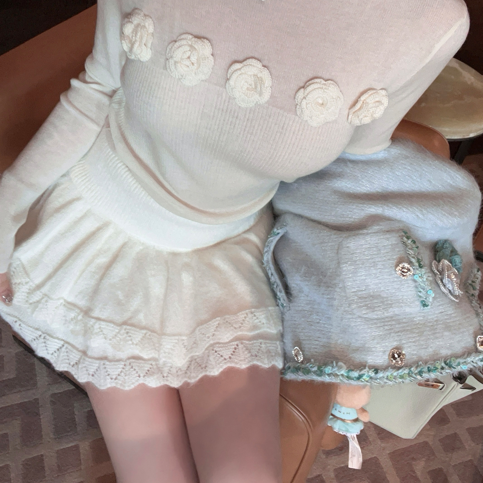 High Waist Slim Fit White Knitted Lace Trim Cake Skirt - Spring Fashion, Mohair Texture, Cute and Stylish Women's Skirt
