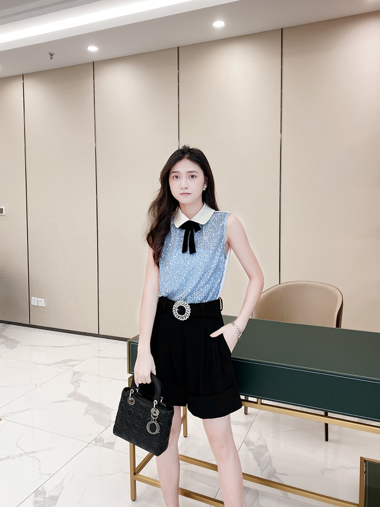 High Waist Wide Leg Shorts for Women - Czech Diamond Design, Solid Black, Versatile Spring Summer Style High Waist Wide Leg Shorts for Women - Czech Diamond Design, Solid Black, Versatile Spring Summer Style