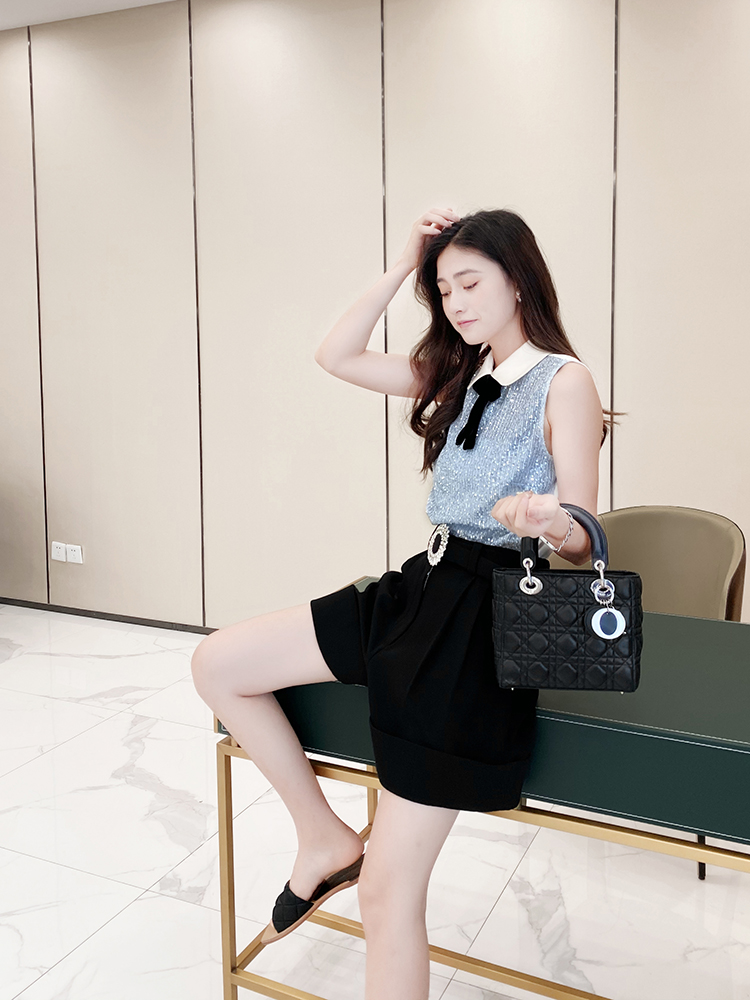 High Waist Wide Leg Shorts for Women - Czech Diamond Design, Solid Black, Versatile Spring Summer Style High Waist Wide Leg Shorts for Women - Czech Diamond Design, Solid Black, Versatile Spring Summer Style