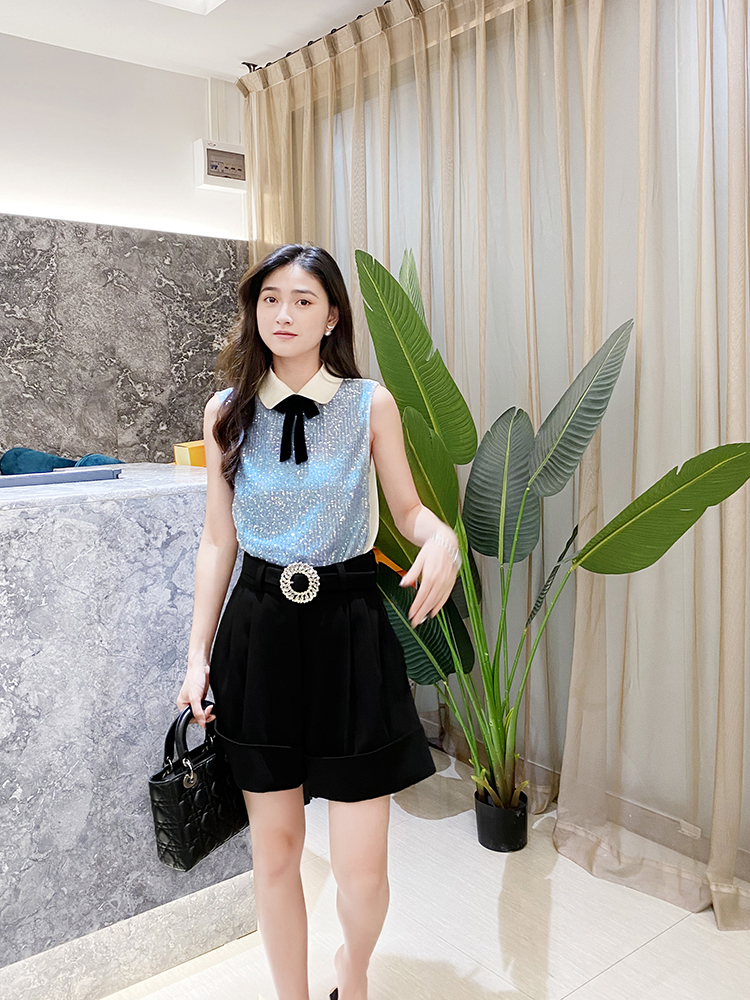 High Waist Wide Leg Shorts for Women - Czech Diamond Design, Solid Black, Versatile Spring Summer Style