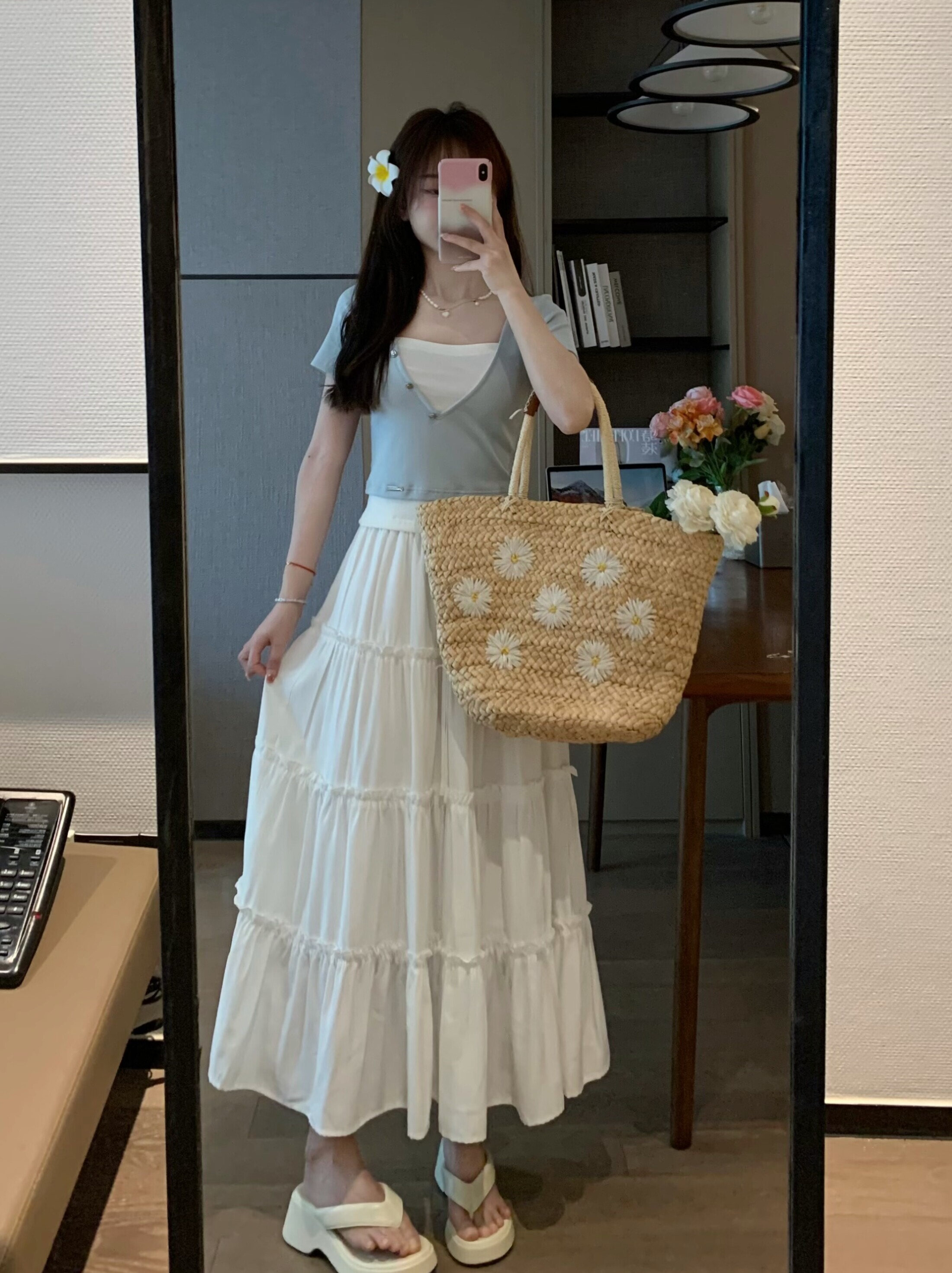 High-Waisted A-Line Cake Midi Skirt in Blue and White - Sweet Momo Girl Aesthetic for Versatile Date Looks