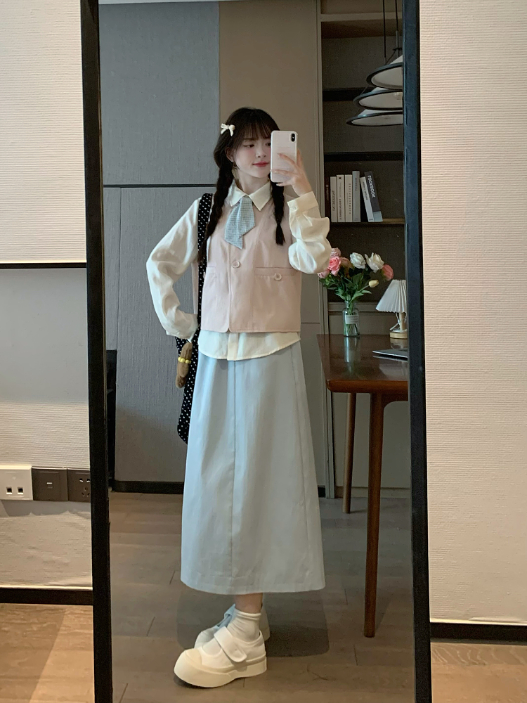 High-Waisted A-Line Skirt for Pear-Shaped Figures in Solid Blue - Sweet Korean Style, Spring Essential, Slimming Design High-Waisted A-Line Skirt for Pear-Shaped Figures in Solid Blue - Sweet Korean Style, Spring Essential, Slimming Design