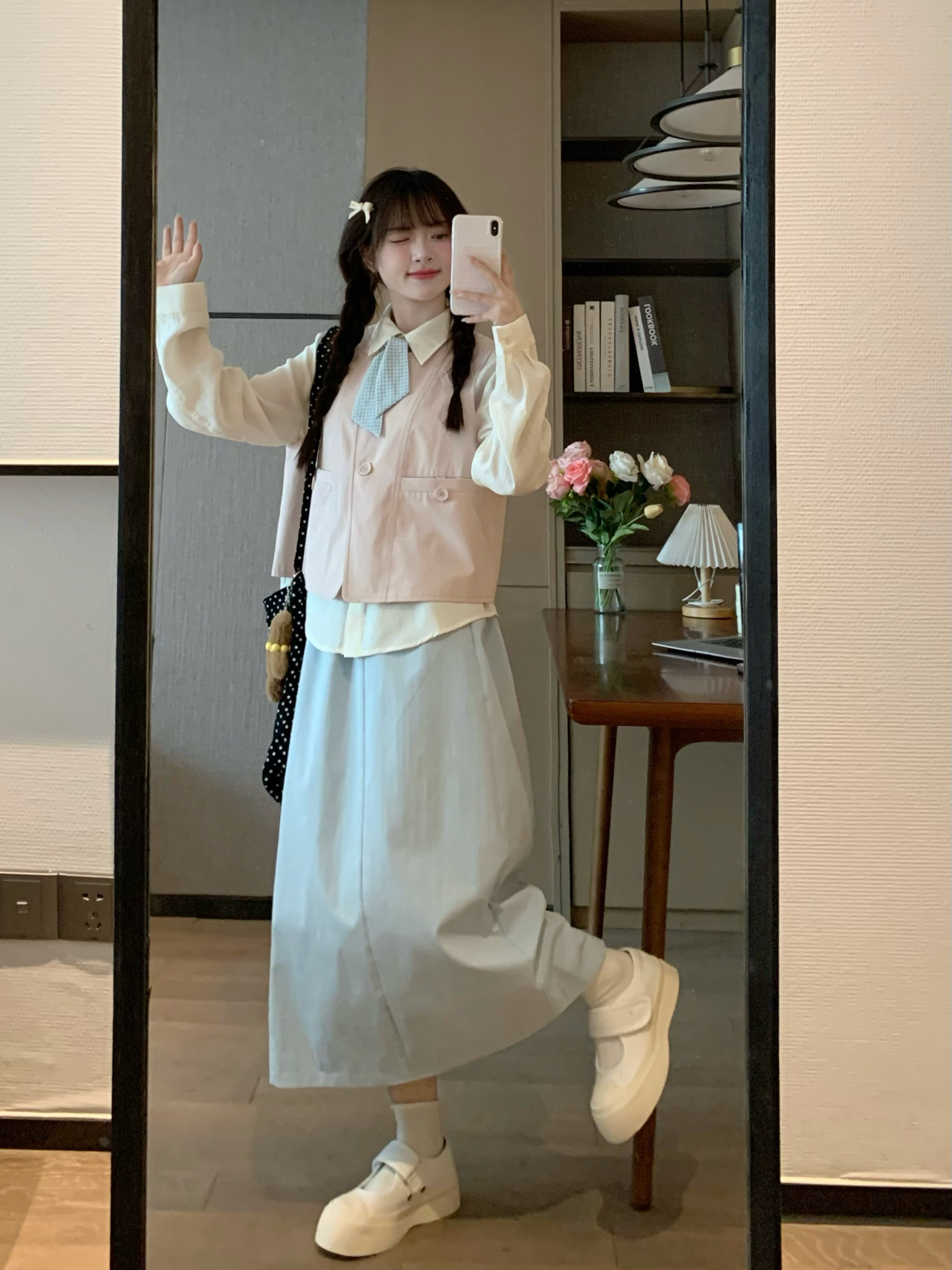 High-Waisted A-Line Skirt for Pear-Shaped Figures in Solid Blue - Sweet Korean Style, Spring Essential, Slimming Design