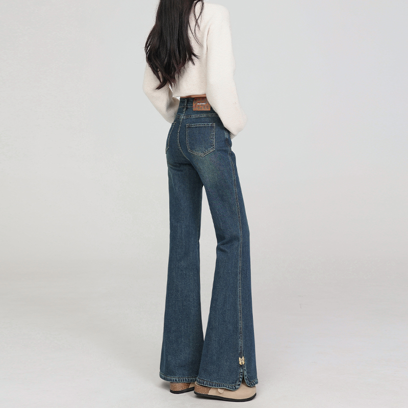 High-Waisted American Retro Side-Slit Micro-Flare Jeans for Women, Slimming Bell-Bottom Pants, Petite Spring 2025 Fashion