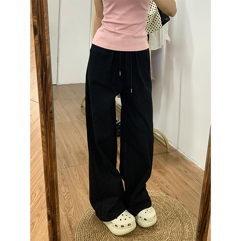 High-Waisted Black Drawstring Wide-Leg Casual Pants for Women - Loose-Fitting Slimming Summer Style, Versatile Thin Sports Trousers