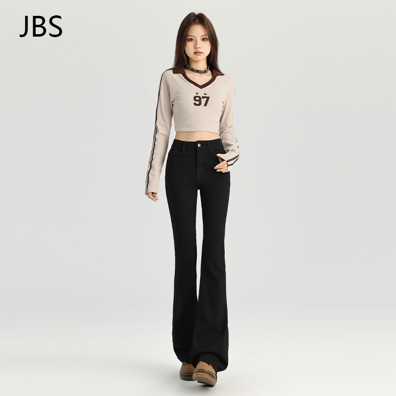 High-Waisted Black Fleece-Lined Flared Jeans for Women, Slimming Petite Fit, 2025 Autumn Winter Bell-Bottom Pants