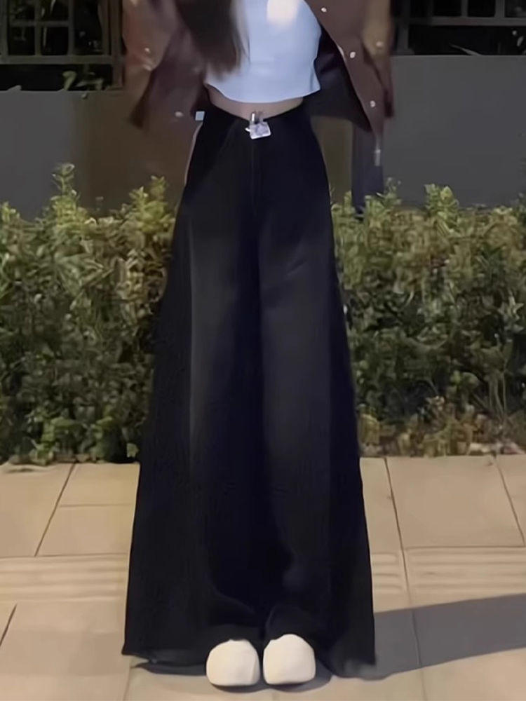 High-Waisted Black Frayed Wide-Leg Jeans for Women - Flattering Loose Fit, Summer Style, Slightly Flared Straight-Leg Pants