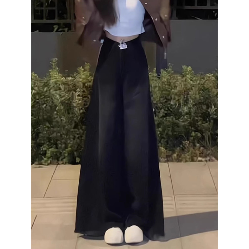 High-Waisted Black Frayed Wide-Leg Jeans for Women - Flattering Loose Fit, Summer Style, Slightly Flared Straight-Leg Pants