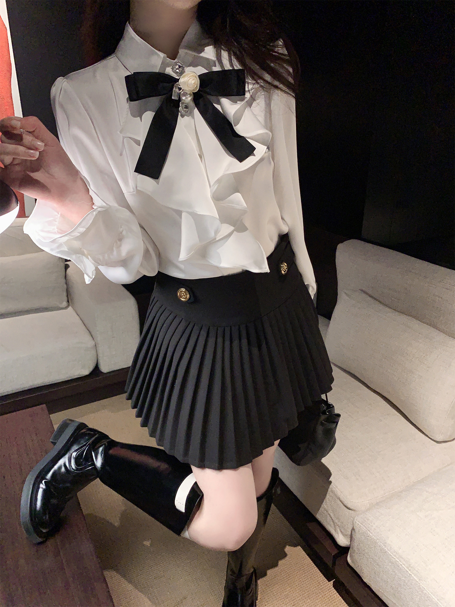 High-Waisted Black Gold Buckle Pleated A-Line Skirt for Women - Spring Summer Fashion, Chic Slim Fit Style