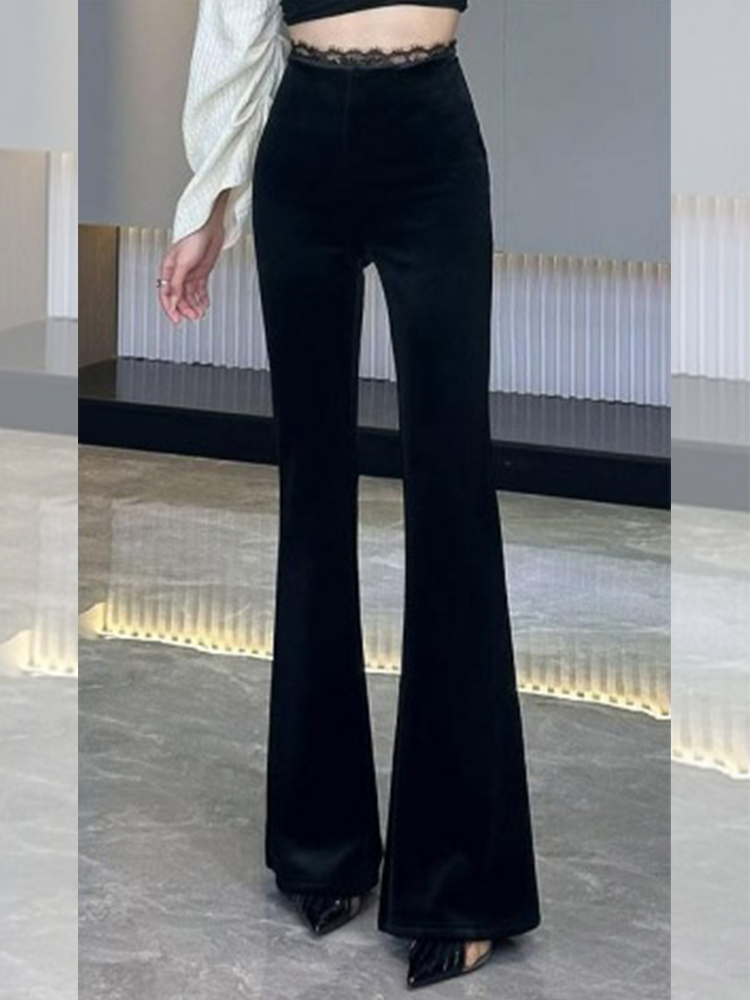 High-Waisted Black Lace-Trimmed Flared Pants for Women - Elegant Casual Slim Fit Floor-Length Summer 2025 Fashion