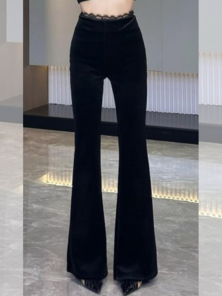 High-Waisted Black Lace-Trimmed Flared Pants for Women - Elegant Casual Slim Fit Floor-Length Summer 2025 Fashion High-Waisted Black Lace-Trimmed Flared Pants for Women - Elegant Casual Slim Fit Floor-Length Summer 2025 Fashion