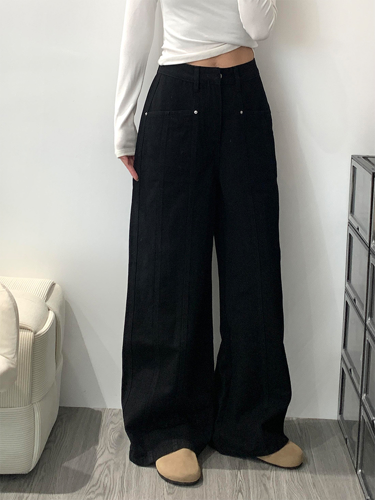 High-Waisted Black Patchwork Wide-Leg Jeans for Women - Loose-Fitting, Slimming, Versatile Summer Style High-Waisted Black Patchwork Wide-Leg Jeans for Women - Loose-Fitting, Slimming, Versatile Summer Style