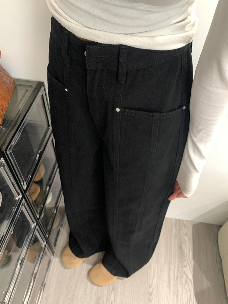 High-Waisted Black Patchwork Wide-Leg Jeans for Women - Loose-Fitting, Slimming, Versatile Summer Style High-Waisted Black Patchwork Wide-Leg Jeans for Women - Loose-Fitting, Slimming, Versatile Summer Style