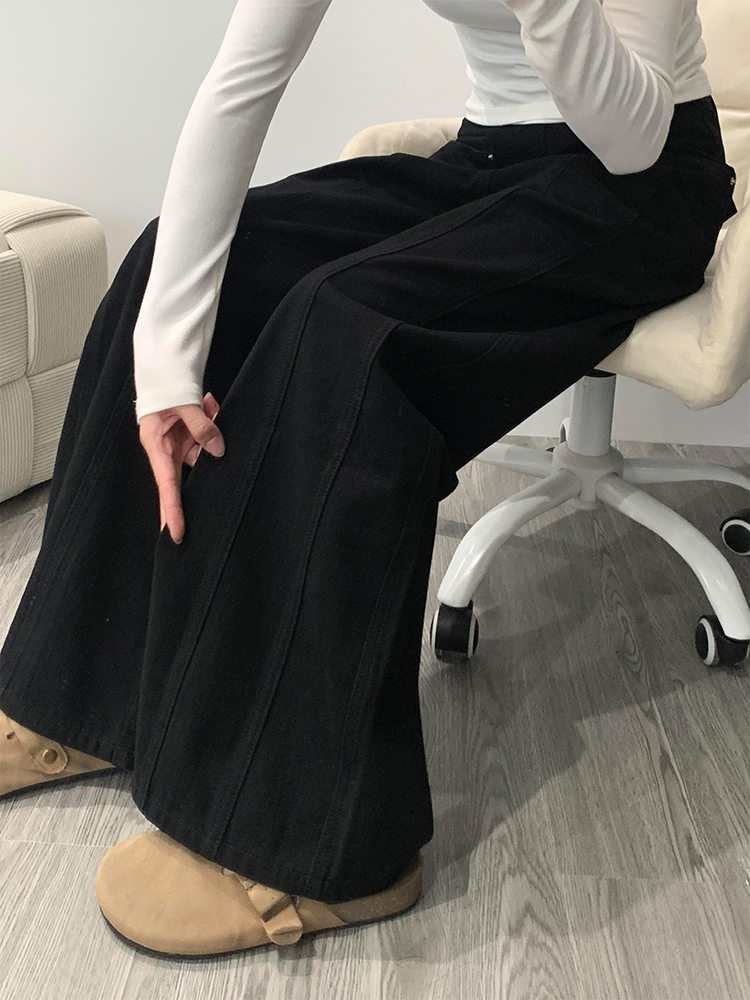 High-Waisted Black Patchwork Wide-Leg Jeans for Women - Loose-Fitting, Slimming, Versatile Summer Style