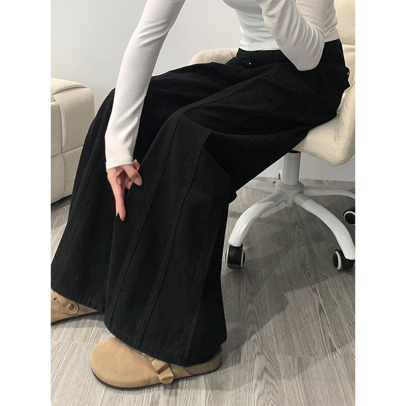 High-Waisted Black Patchwork Wide-Leg Jeans for Women - Loose-Fitting, Slimming, Versatile Summer Style