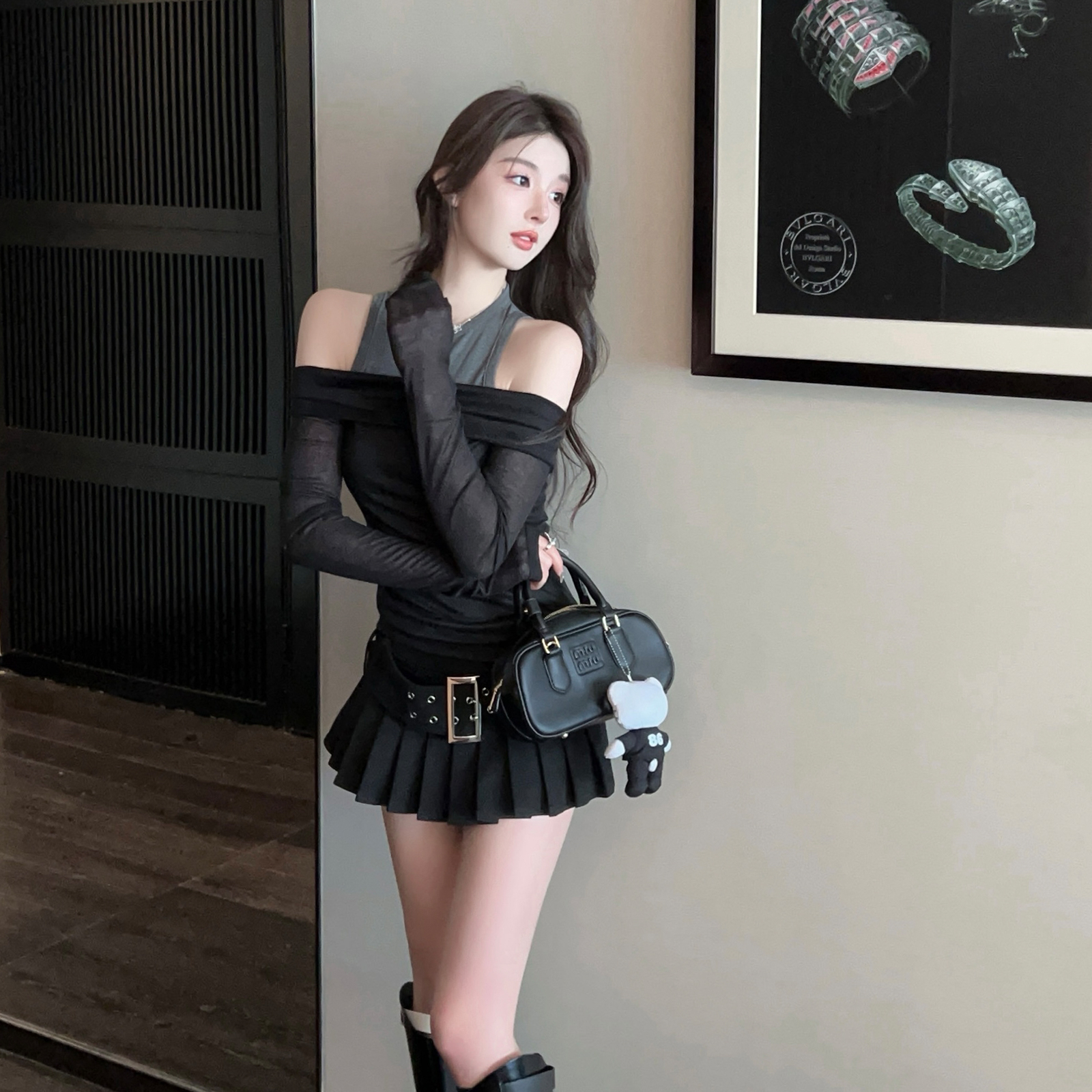 High-Waisted Black Pleated Skirt with Belt - Slim A-Line Summer Mini Skirt - Sexy Korean Style Fashion