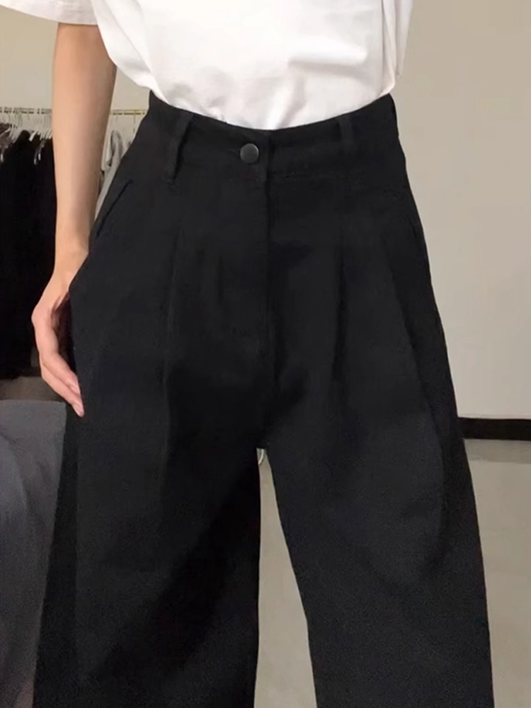 High-Waisted Black Pleated Wide-Leg Jeans for Women - Summer Slimming Loose-Fitting Versatile Straight-Leg Pants