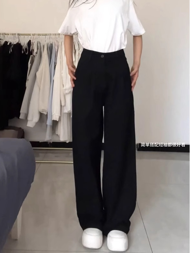 High-Waisted Black Pleated Wide-Leg Jeans for Women - Summer Slimming Loose-Fitting Versatile Straight-Leg Pants High-Waisted Black Pleated Wide-Leg Jeans for Women - Summer Slimming Loose-Fitting Versatile Straight-Leg Pants