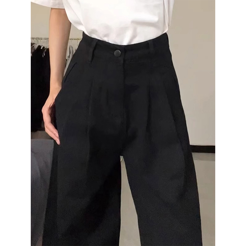 High-Waisted Black Pleated Wide-Leg Jeans for Women - Summer Slimming Loose-Fitting Versatile Straight-Leg Pants