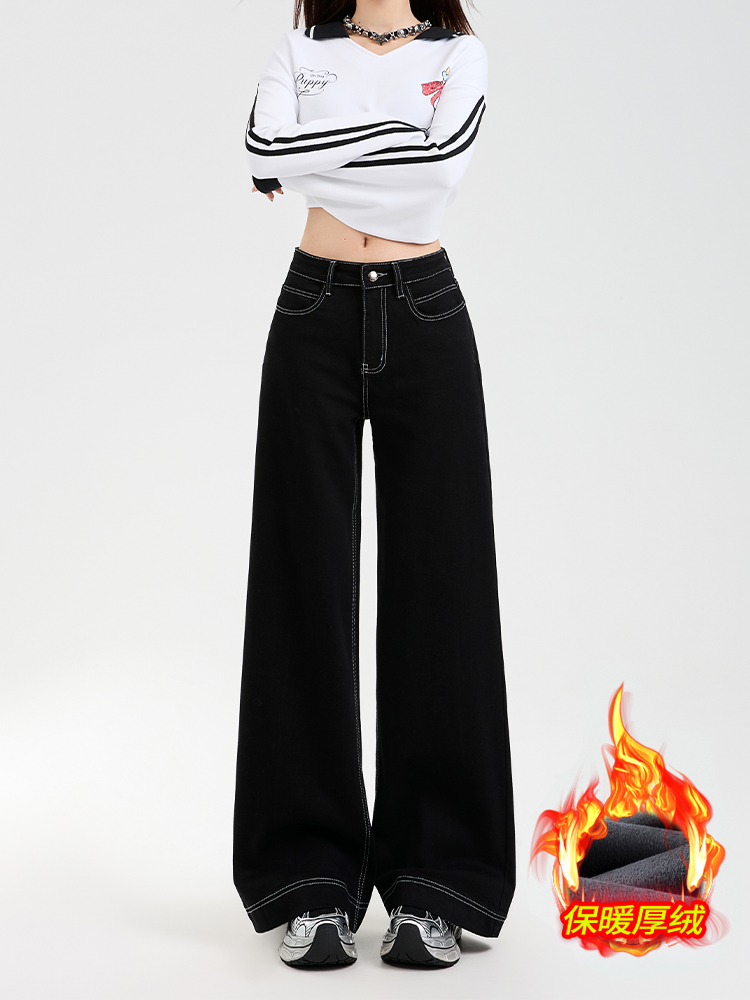 High-Waisted Black Wide-Leg Jeans for Women - Fleece-Lined, Loose Fit, Petite, Stretchy, 2025 Autumn Winter Fashion