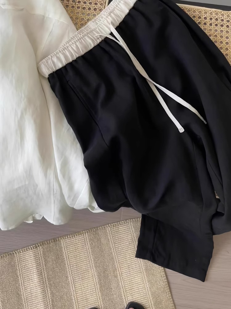 High-Waisted Black Wide-Leg Pants for Women, Casual Draped Elastic Waist Loose Fit Summer 2025 Fashion