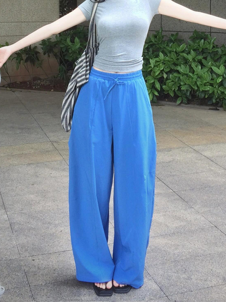 High-Waisted Blue Drawstring Casual Pants for Women - Versatile Wide-Leg Summer 2025 Style High-Waisted Blue Drawstring Casual Pants for Women - Versatile Wide-Leg Summer 2025 Style
